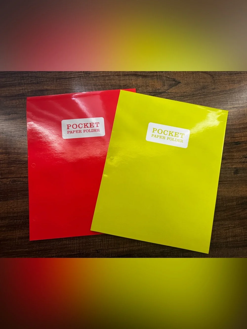 Pen + Gear Set of 2 Pocket Paper Folders Red & Neon Yellow 3-Hole Punched New